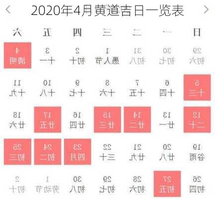 2020年4月黄道吉日一览表