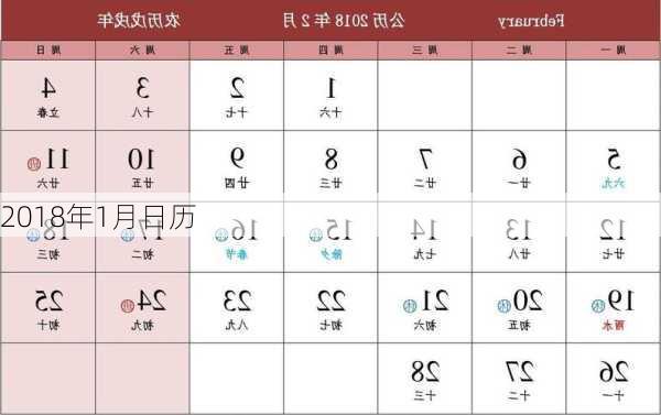 2018年1月日历