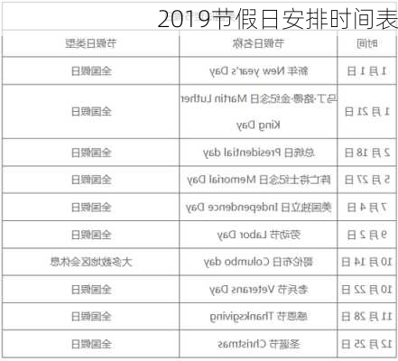 2019节假日安排时间表